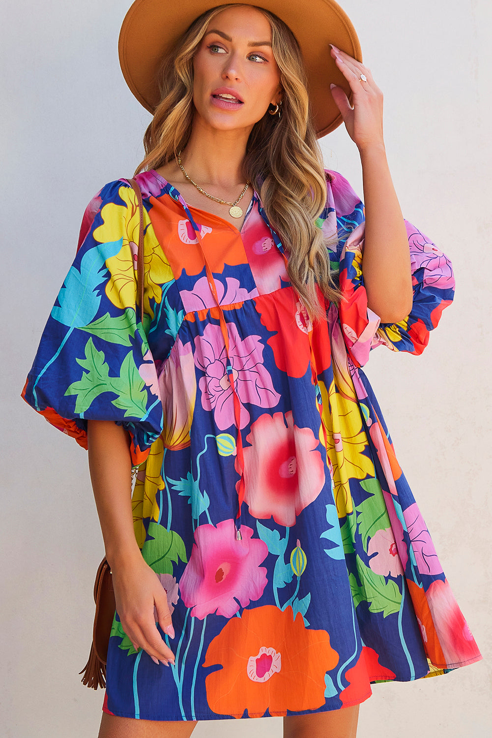 Royal Blue Floral Print V Neck Babydoll Dress