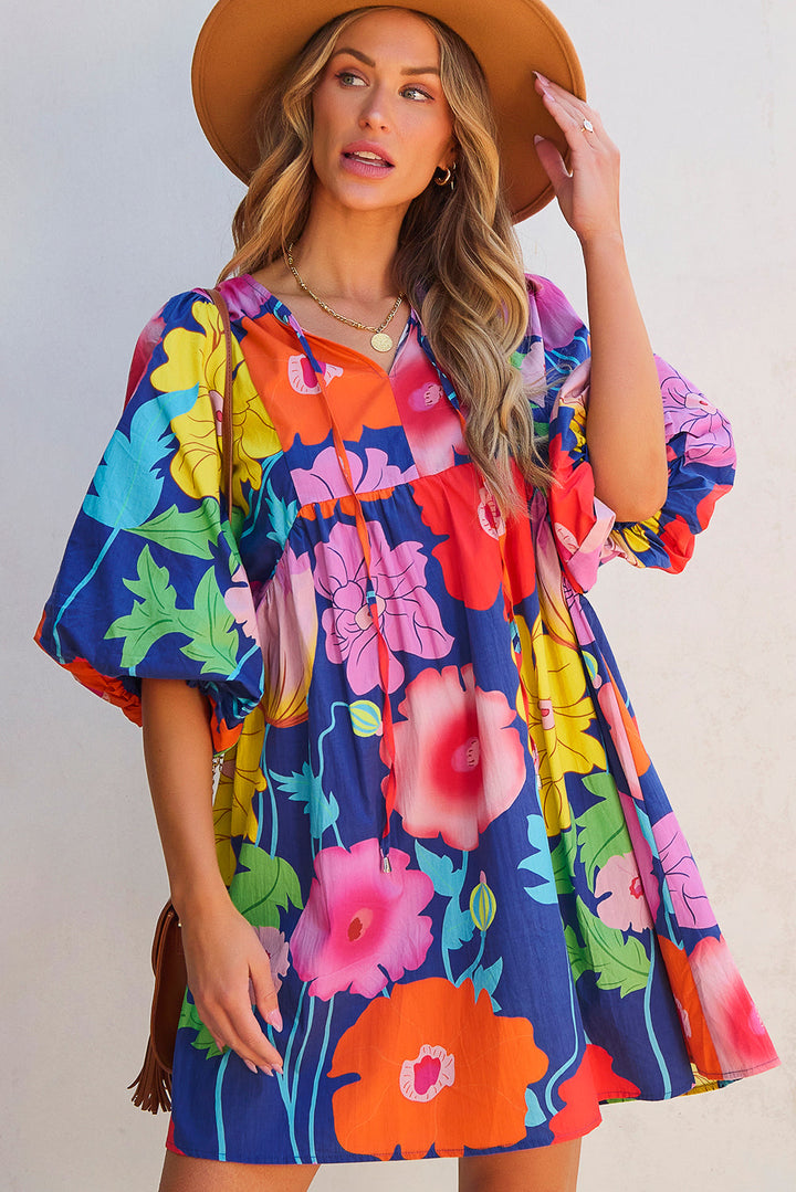 Royal Blue Floral Print V Neck Babydoll Dress