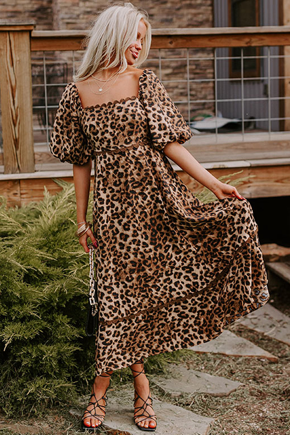 Leopard Print Bubble Sleeve Square Neck Maxi Dress