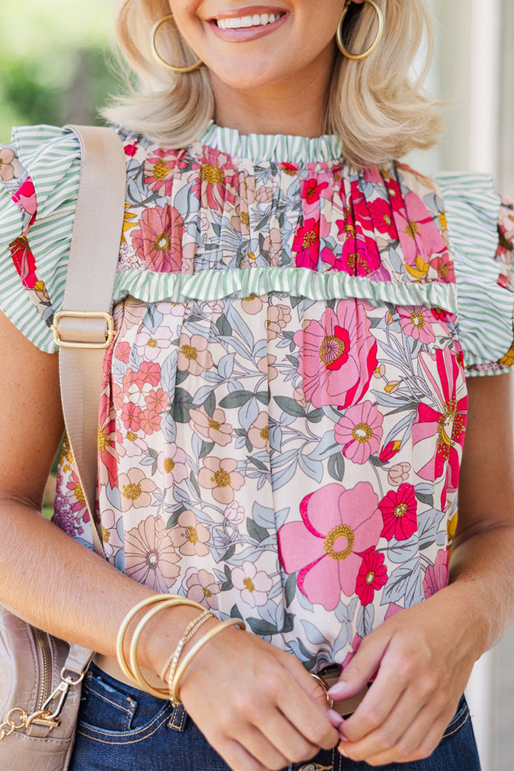Floral Print Green Stripe Ruffles Contras Trim Cap Sleeve Blouse