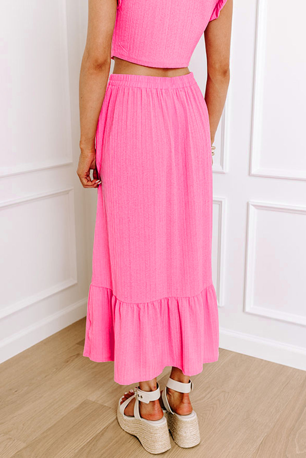 Pretty in Pink Textured Ruffle Trim Long Skirt Set with Crop Top