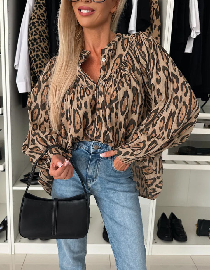 Oversized Leopard Print Balloon Sleeve Blouse