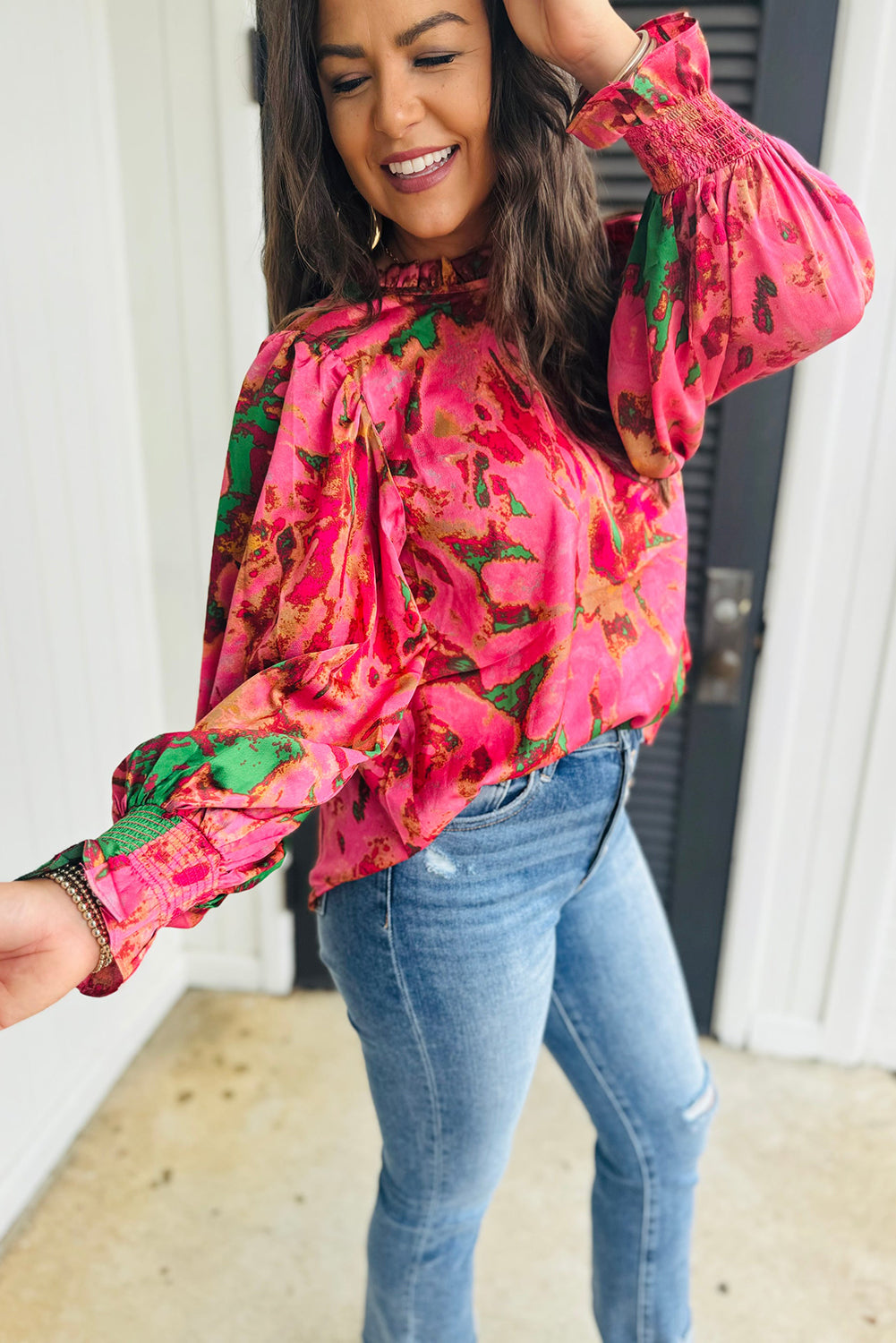 Vibrant Watercolor Puff Sleeve Blouse