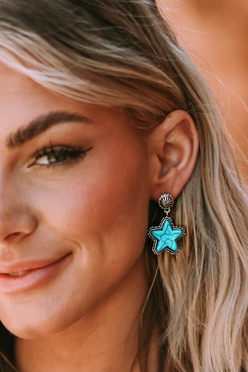 Faux Tuquoise Star Dangle Antique Studded Western Pierced Earrings