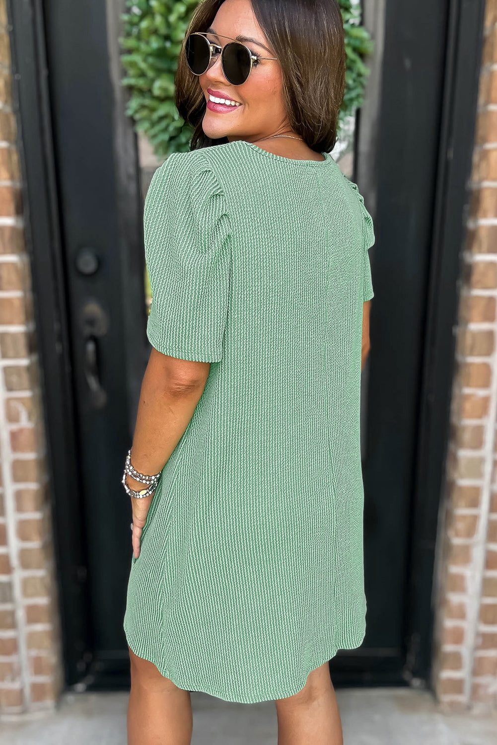 Spring Meadow Green Corded Knit Crew Neck Puff Sleeve Dress with Pockets