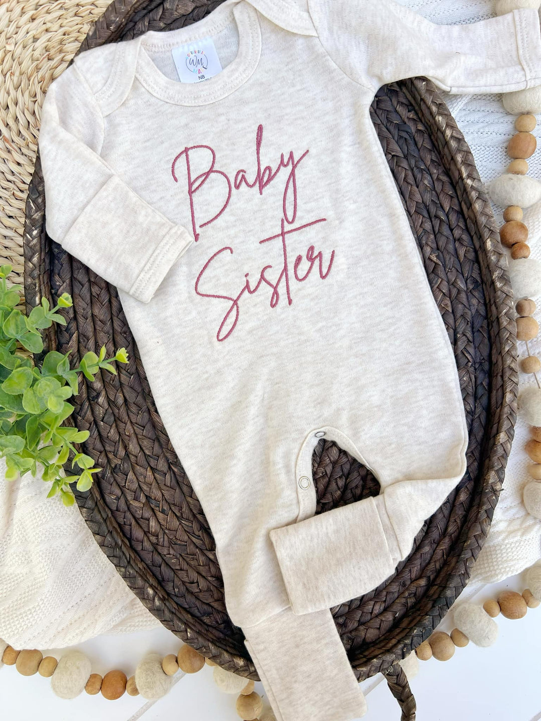 "Baby Sister" — Embroidered Oatmeal Onsie🎀