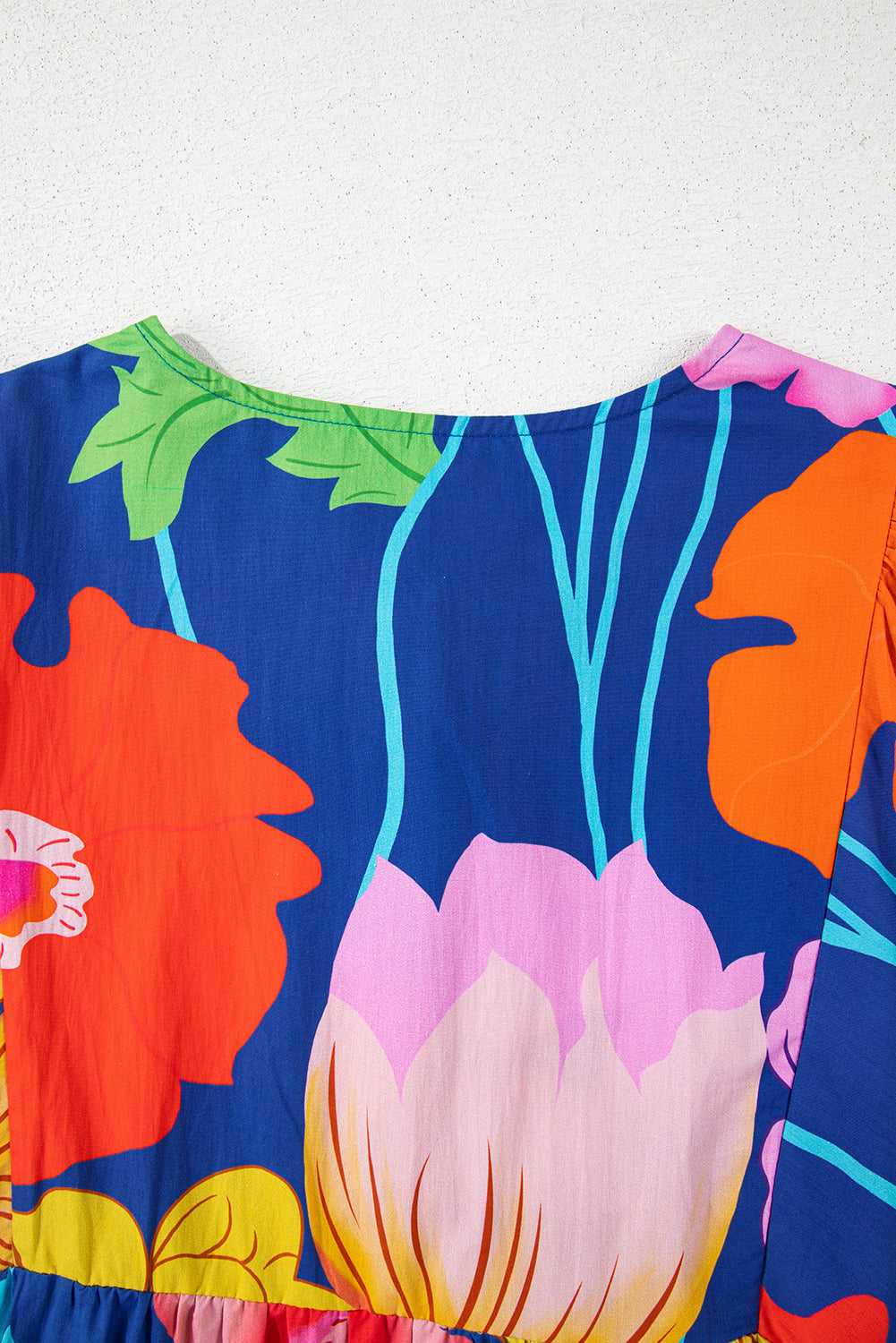 Royal Blue Floral Print V Neck Babydoll Dress