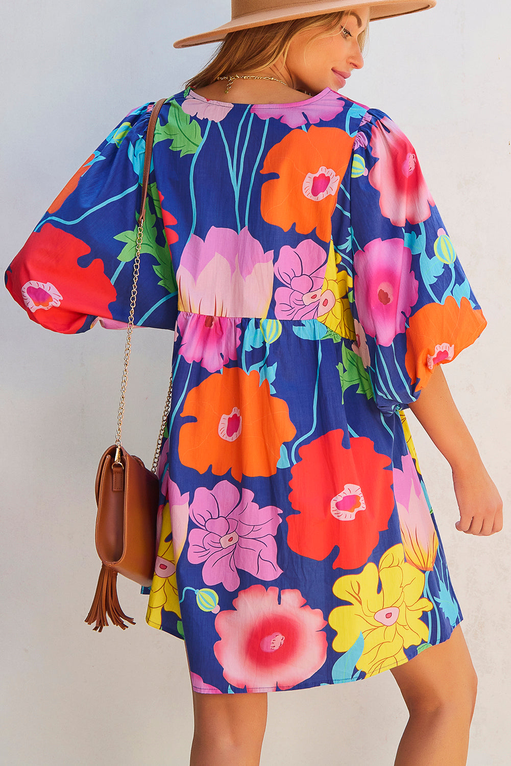 Royal Blue Floral Print V Neck Babydoll Dress