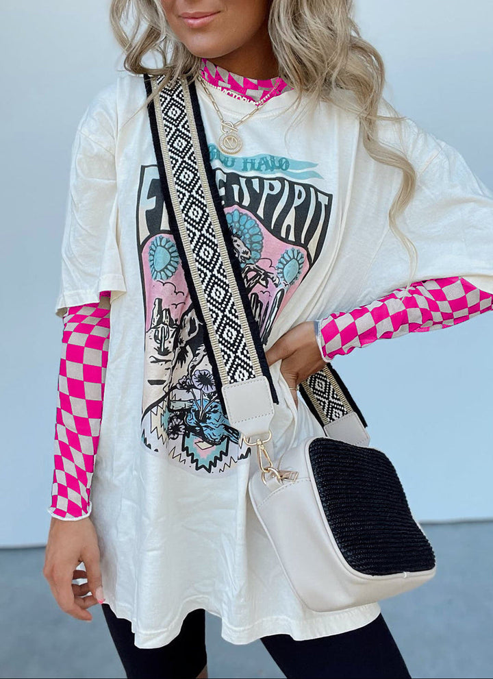 Hot Pink and White Checkered Pattern Mesh Neck Long Sleeve Stretch Top