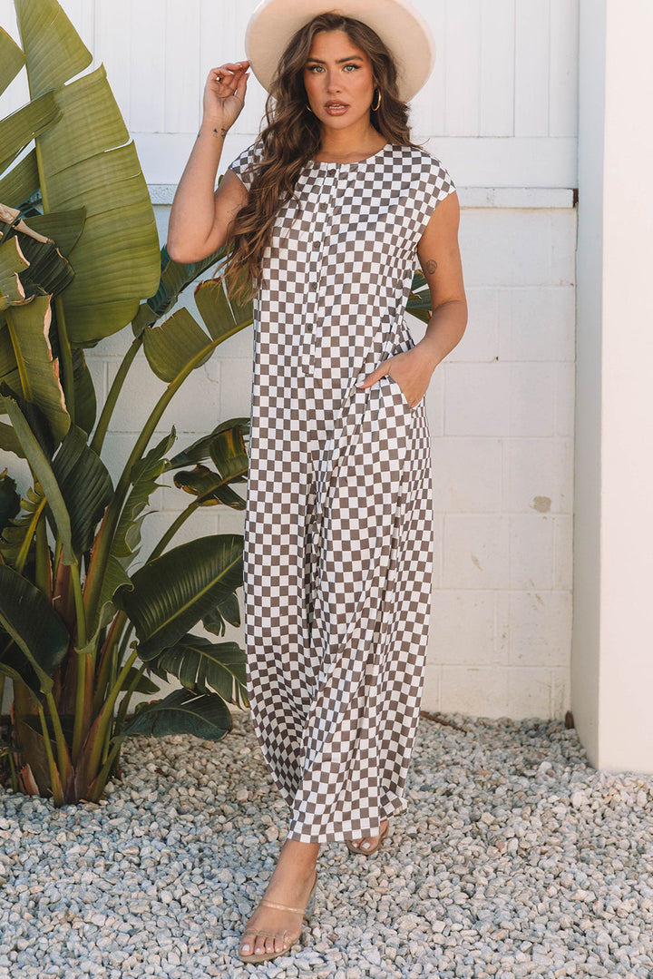 Mocha & White Checkerboard Wide Leg Jumpsuit