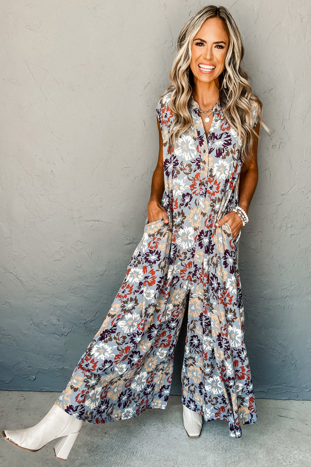 Blue Floral Sleeveless Buttoned Pocketed Wide Leg