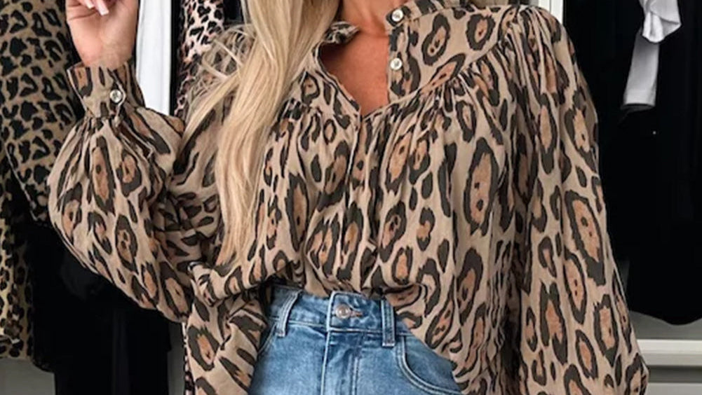 Oversized Leopard Print Balloon Sleeve Blouse