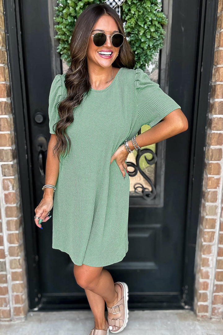 Spring Meadow Green Corded Knit Crew Neck Puff Sleeve Dress with Pockets