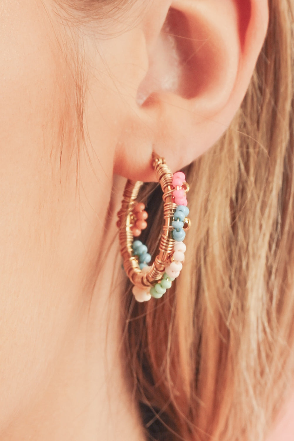 Beaded Pastel Floral Gold Tone Hoop Pierced Earrings