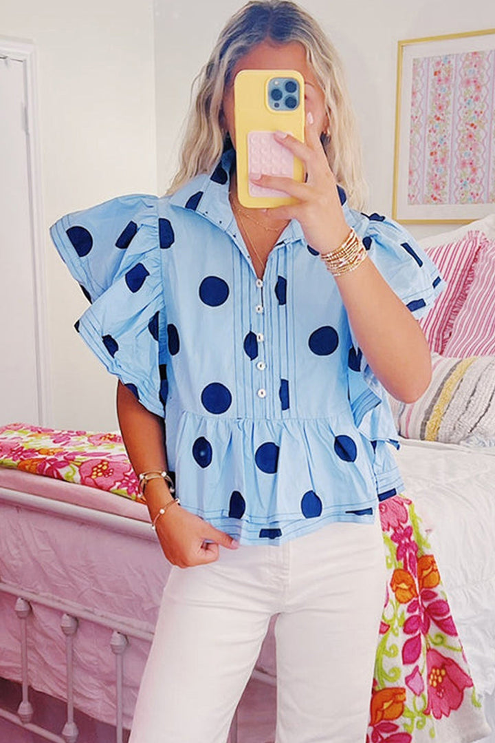 Blue Polka Dot Print Ruffled Short Sleeve Buttoned Collared Blouse