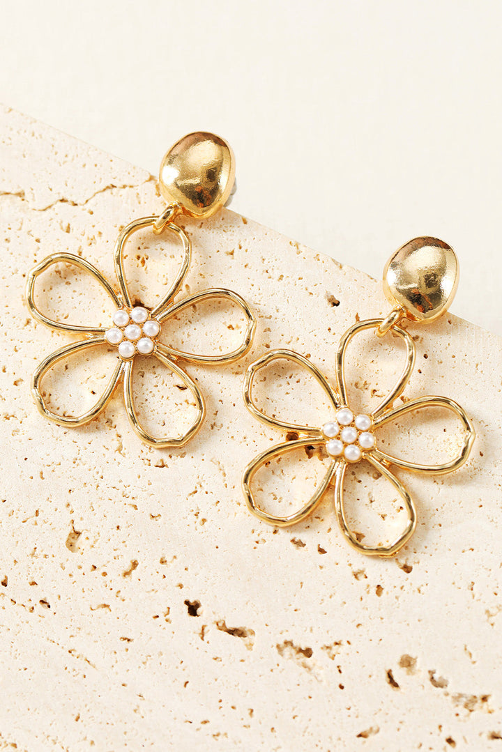 Gold Plated Dangle Flower Pierced Earrings with Faux Pearl Center
