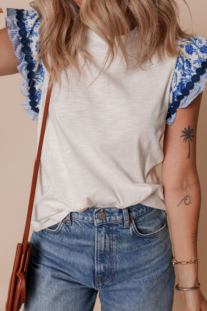 White Blouse with Blue Floral Ricrac Trim Ruffle Cap Sleeves