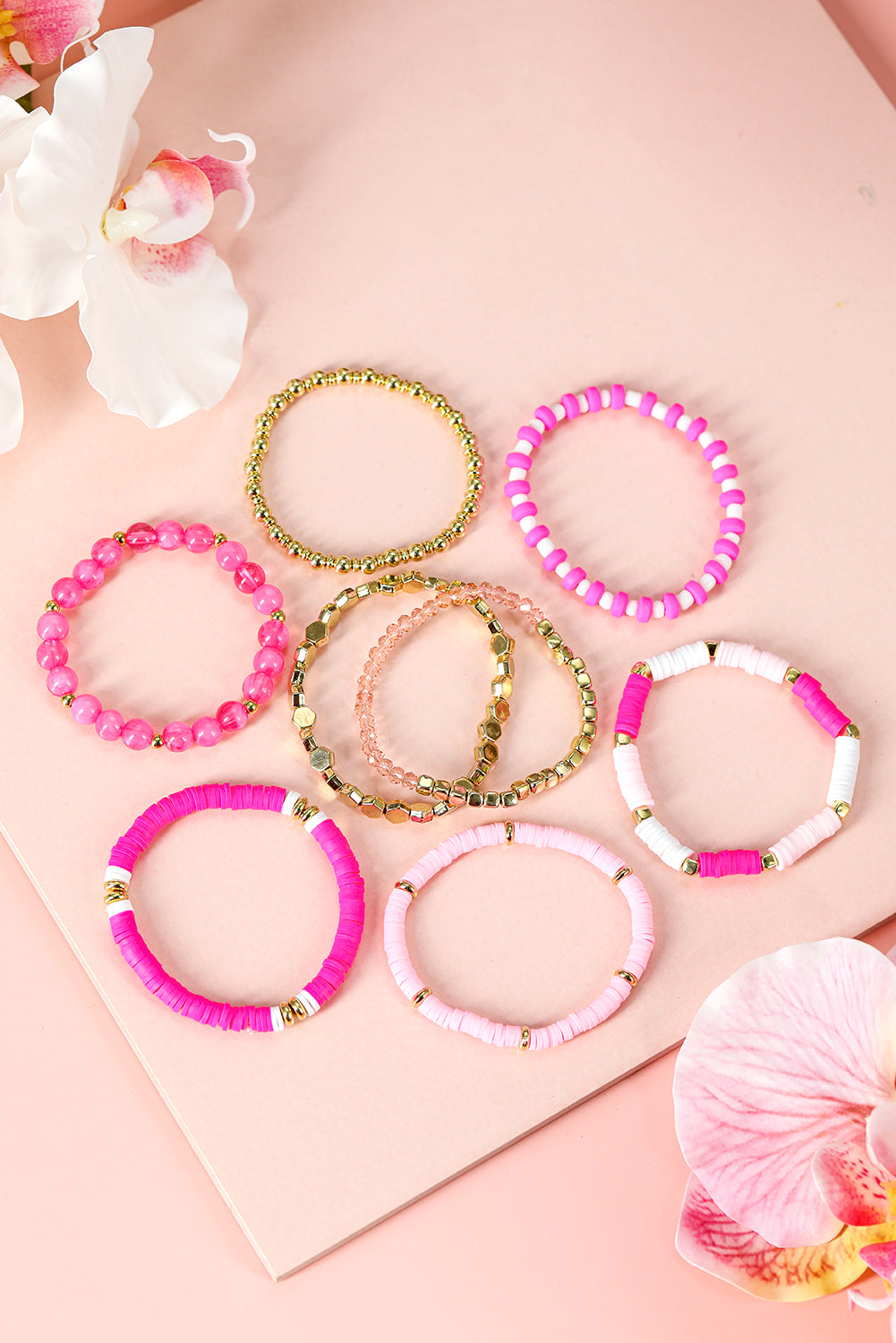 8 Piece Hot Pink Layering Stretch Bracelet Set