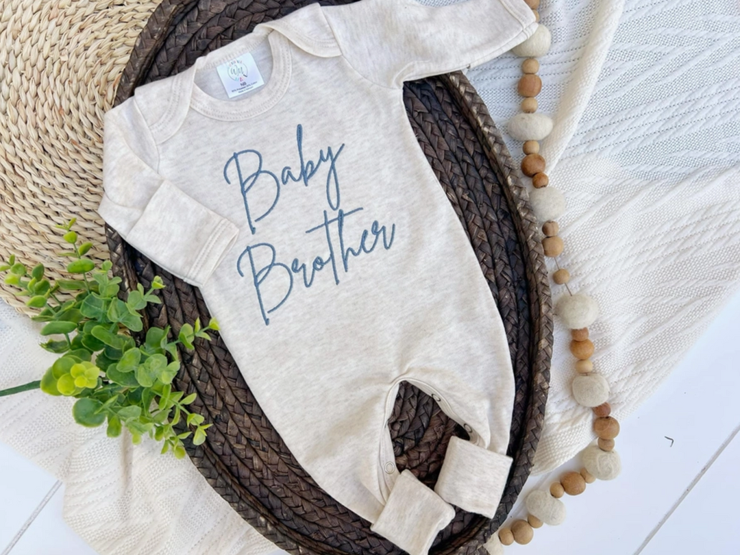 “Baby Brother” Embroidered Onsie in Oatmeal