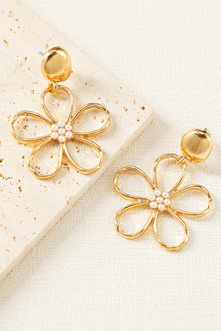 Gold Plated Dangle Flower Pierced Earrings with Faux Pearl Center