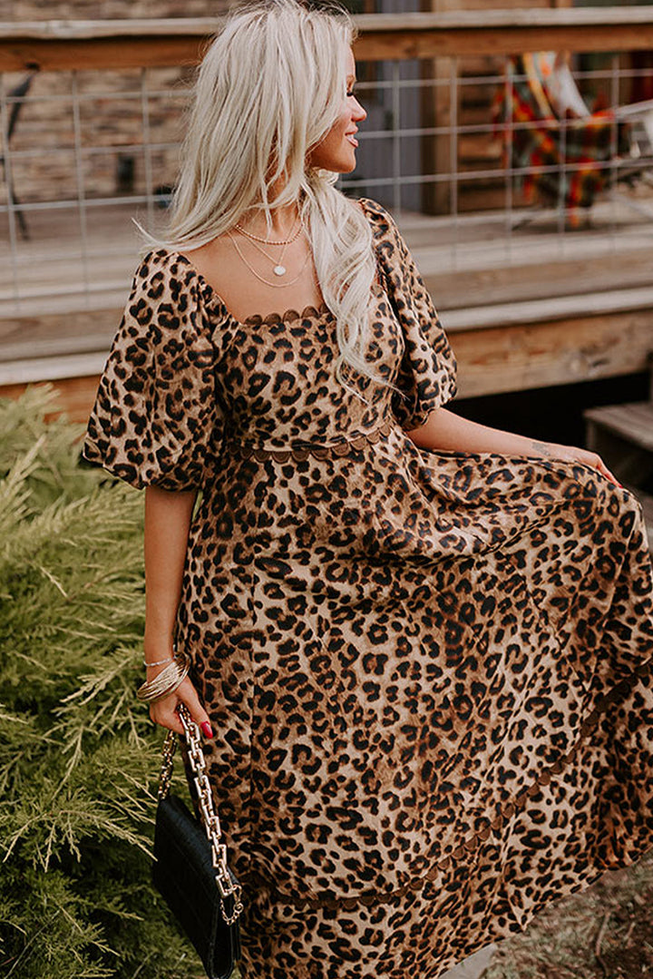 Leopard Print Bubble Sleeve Square Neck Maxi Dress