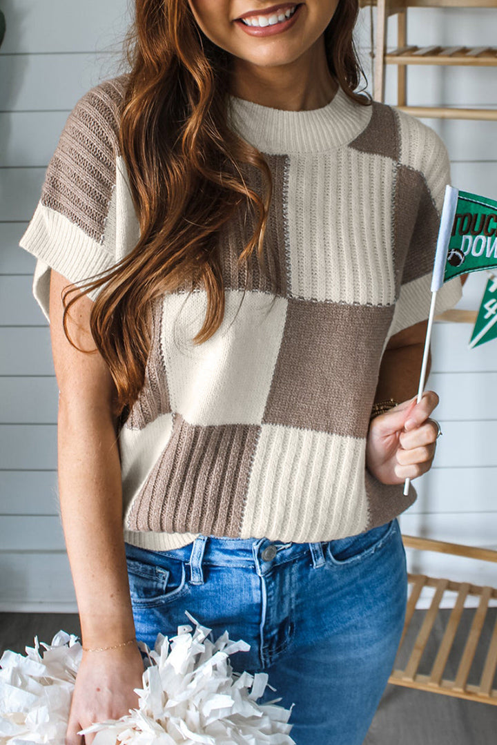 Color Block Checkered Cocoa and Ivory Cap Sleeve Sweater