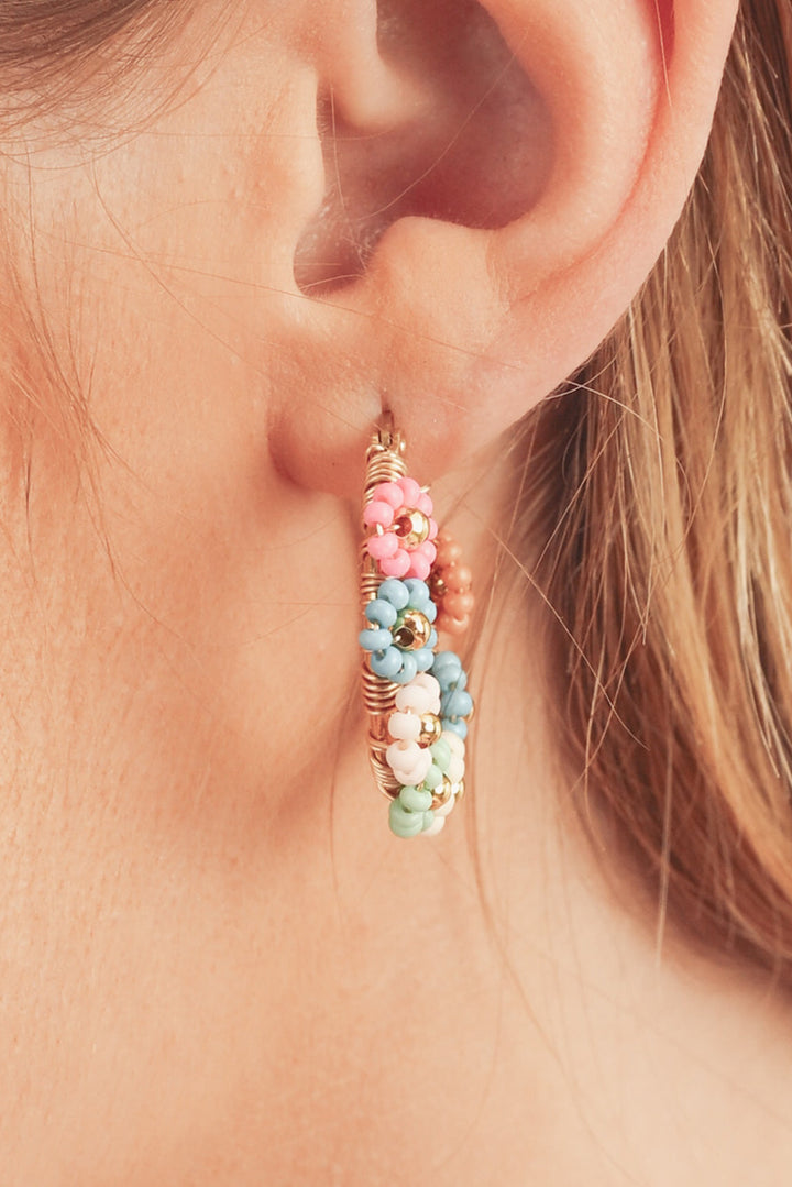 Beaded Pastel Floral Gold Tone Hoop Pierced Earrings