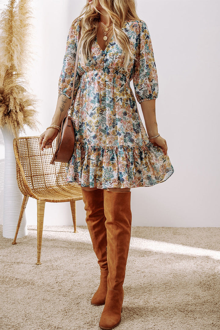 Floral V Neck 3/4 Sleeve Elastic Waist Ruffled Dress
