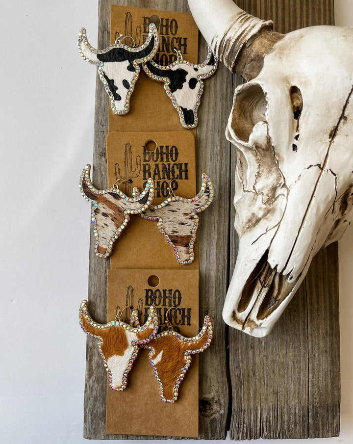 Western Cowhide Bling Steer Longhorn Earrings