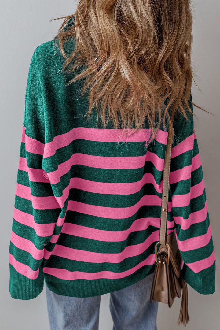 Green and Pink Stripe Quarter Zipper Oversized Sweater
