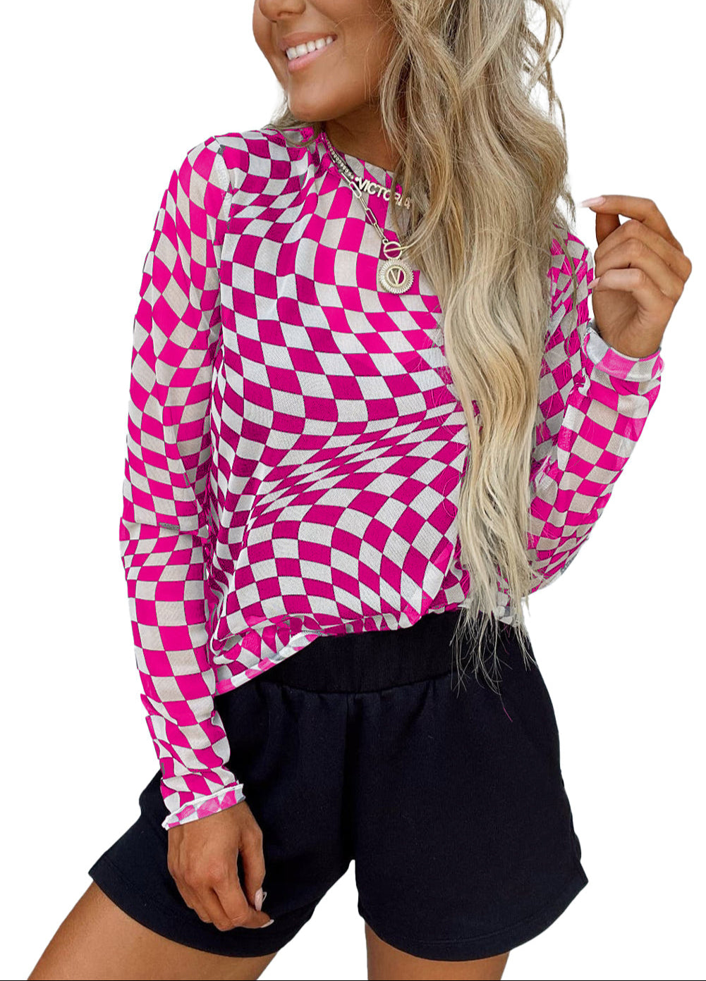 Hot Pink and White Checkered Pattern Mesh Neck Long Sleeve Stretch Top