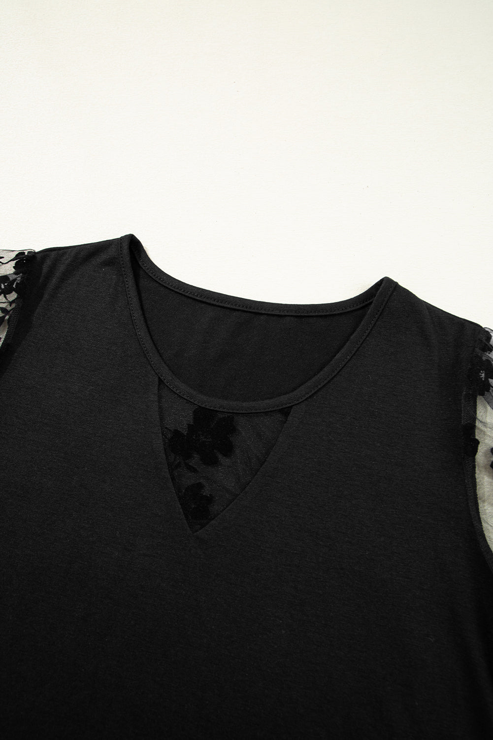Black Short Sleeve Blouse with Sheer Floral Lace Sleeves