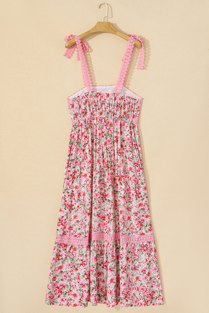 Pink Floral Lace Strap Empire Waist Maxi Dress with Pockets
