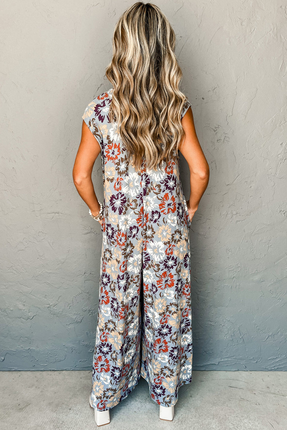 Blue Floral Sleeveless Buttoned Pocketed Wide Leg