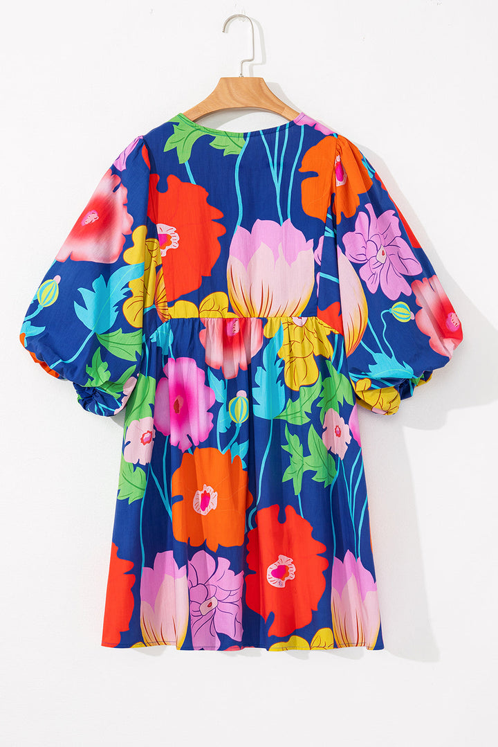 Royal Blue Floral Print V Neck Babydoll Dress