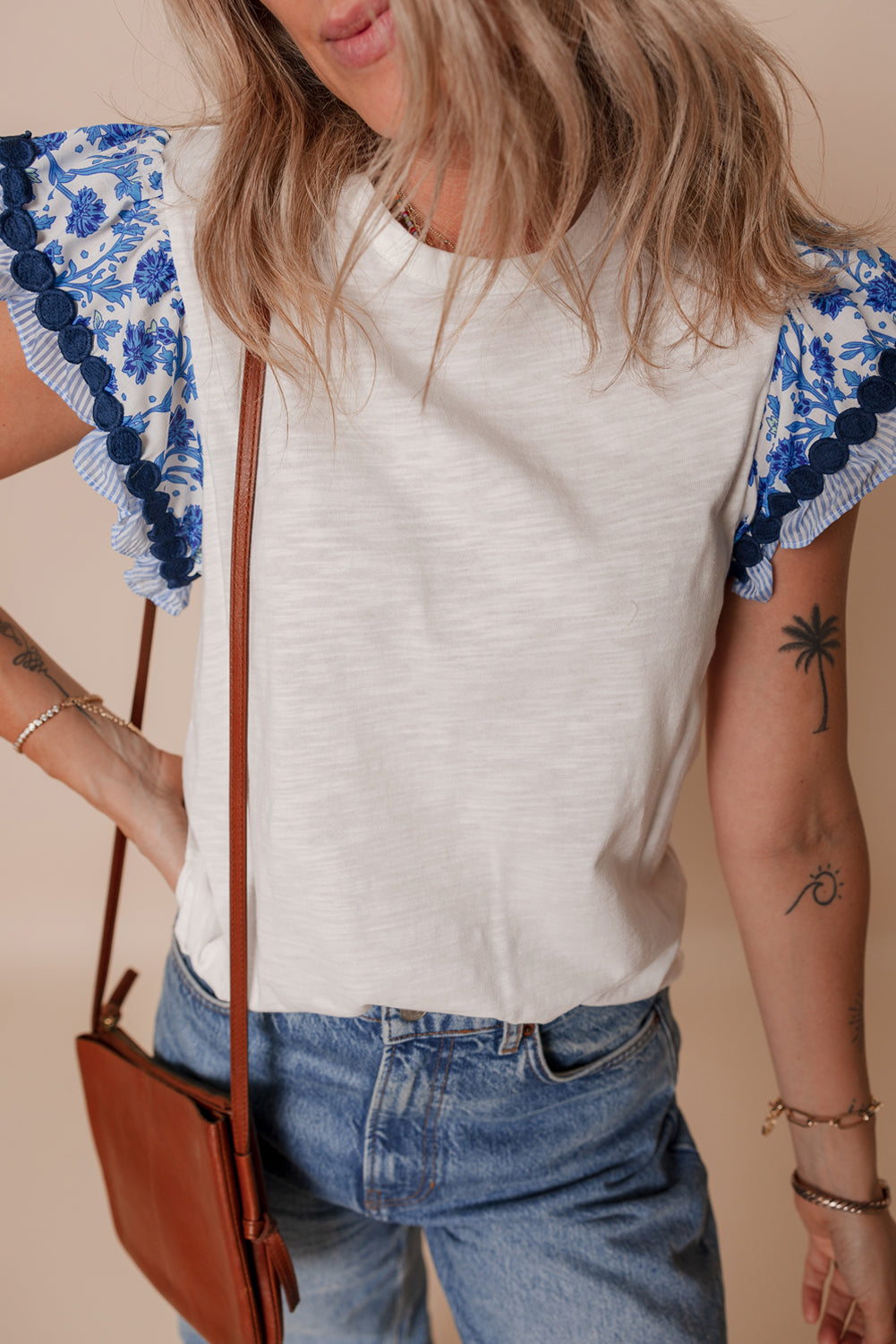 White Blouse with Blue Floral Ricrac Trim Ruffle Cap Sleeves