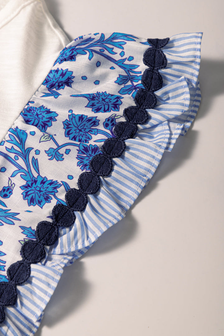 White Blouse with Blue Floral Ricrac Trim Ruffle Cap Sleeves