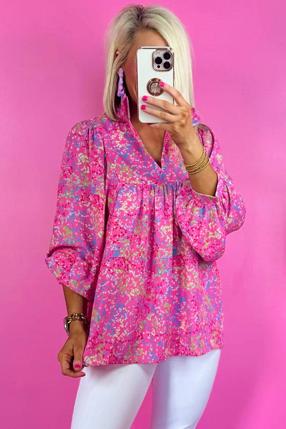 Hot Pink Abstract Floral Print Collared V Neck Babydoll Blouse