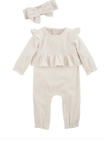 Mud Pie Ivory Ribbed Velour Ruffle Roper & Headband