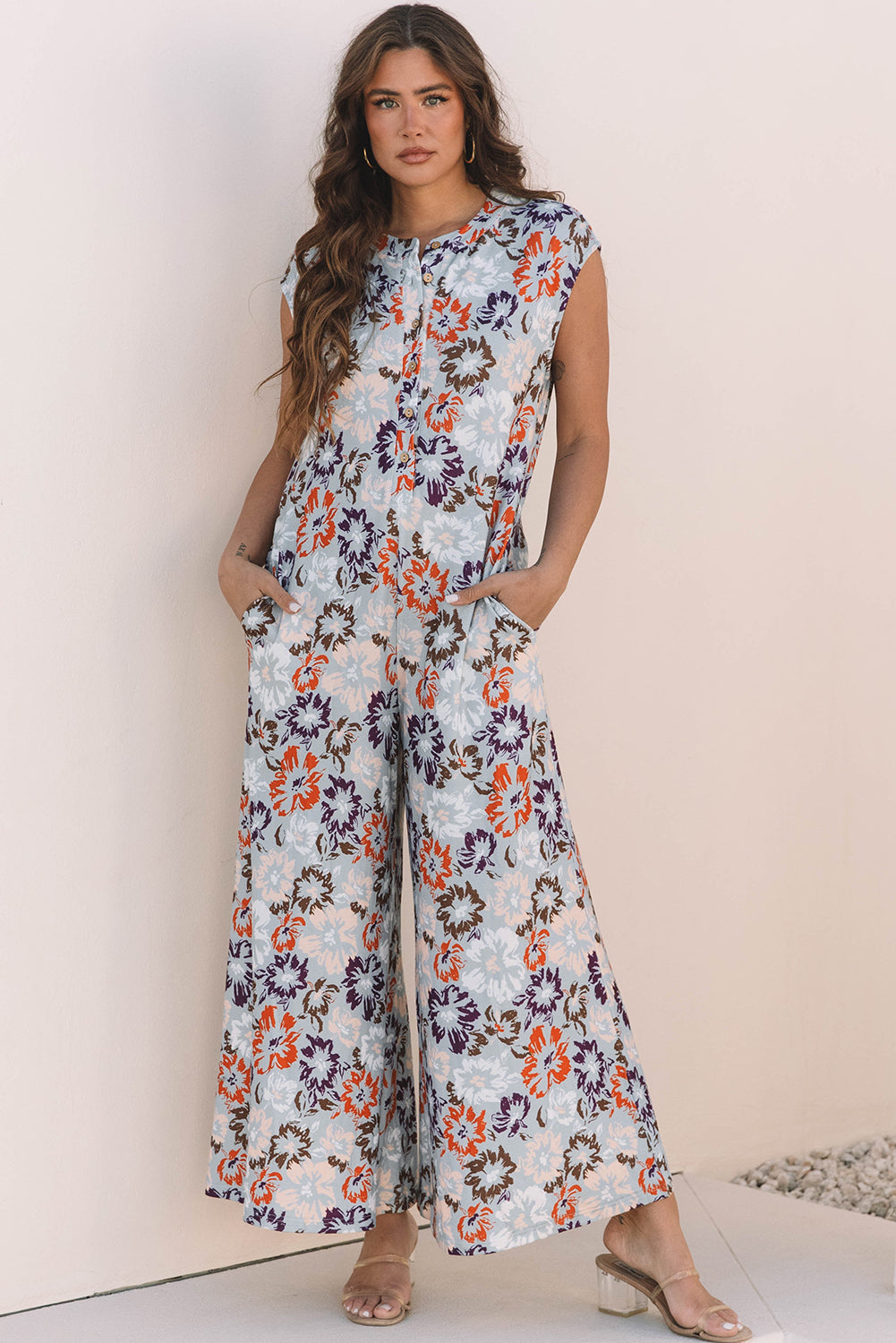 Blue Floral Sleeveless Buttoned Pocketed Wide Leg