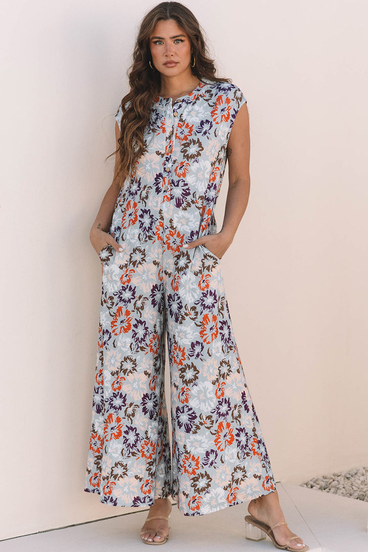 Blue Floral Sleeveless Buttoned Pocketed Wide Leg