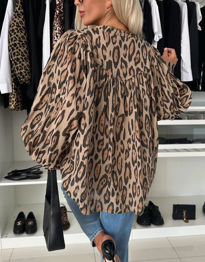 Oversized Leopard Print Balloon Sleeve Blouse