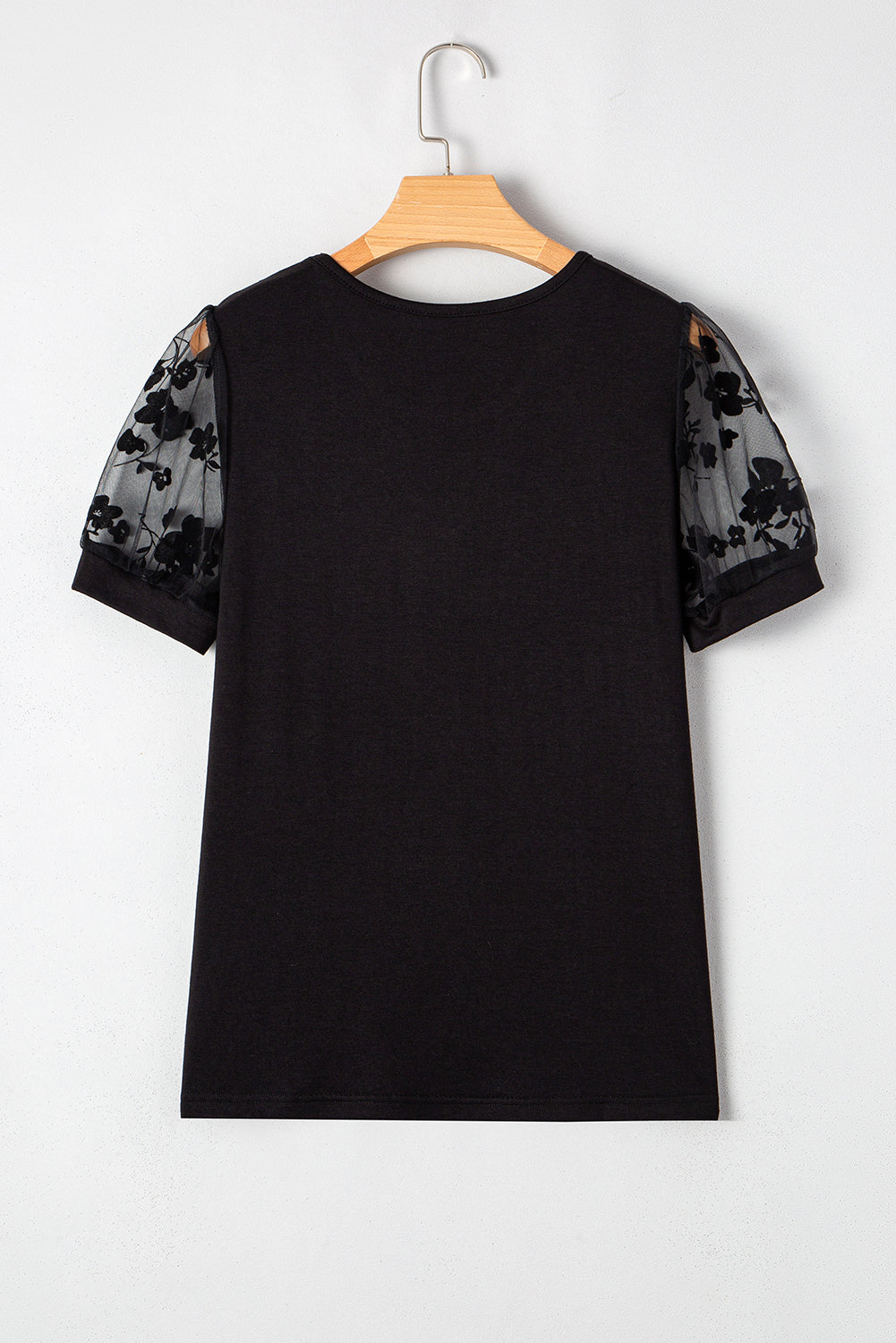 Black Short Sleeve Blouse with Sheer Floral Lace Sleeves