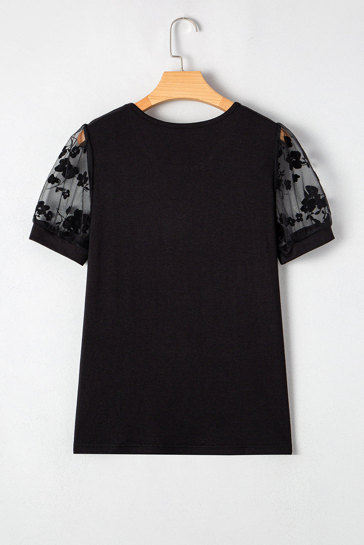 Black Short Sleeve Blouse with Sheer Floral Lace Sleeves