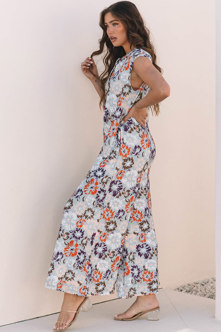 Blue Floral Sleeveless Buttoned Pocketed Wide Leg